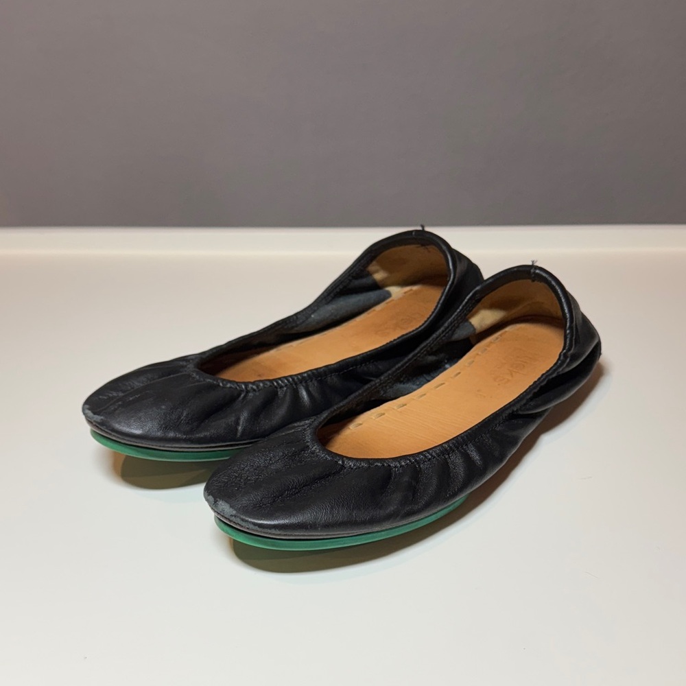 Tieks Black Flats with Green Soles